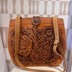 Vintage Mexican leather tooled bag large strap